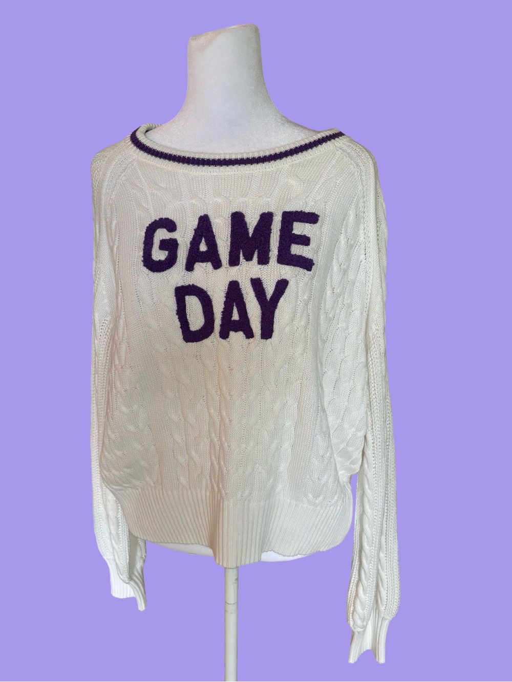 NWT “Game Day” Fall Football White Cable Knit Sweater with Purple Lettering